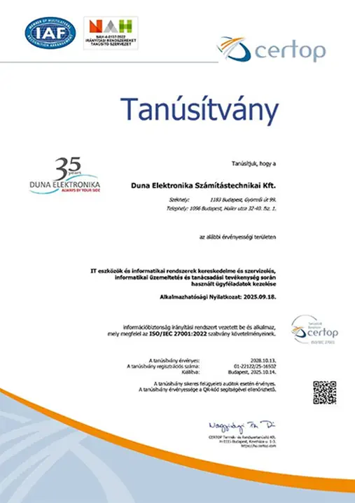 ISO/IEC 27001:2022 tanúsítvány